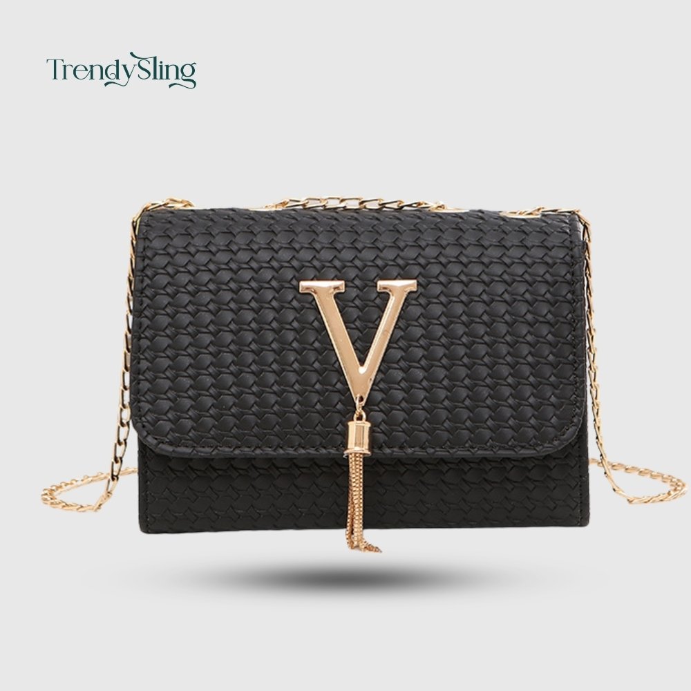 Woven V-Tassel Crossbody Bag