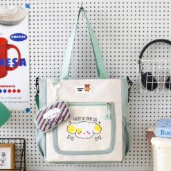 Cartoon Printed Nylon Tote Bag for Women & Girls – Waterproof Casual Shoulder Bag with Mini Pouch, Front Zipper & Side Pockets