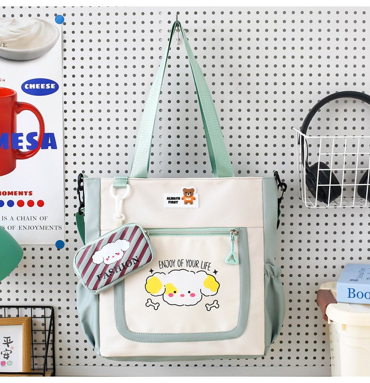 Cartoon Printed Nylon Tote Bag for Women & Girls – Waterproof Casual Shoulder Bag with Mini Pouch, Front Zipper & Side Pockets