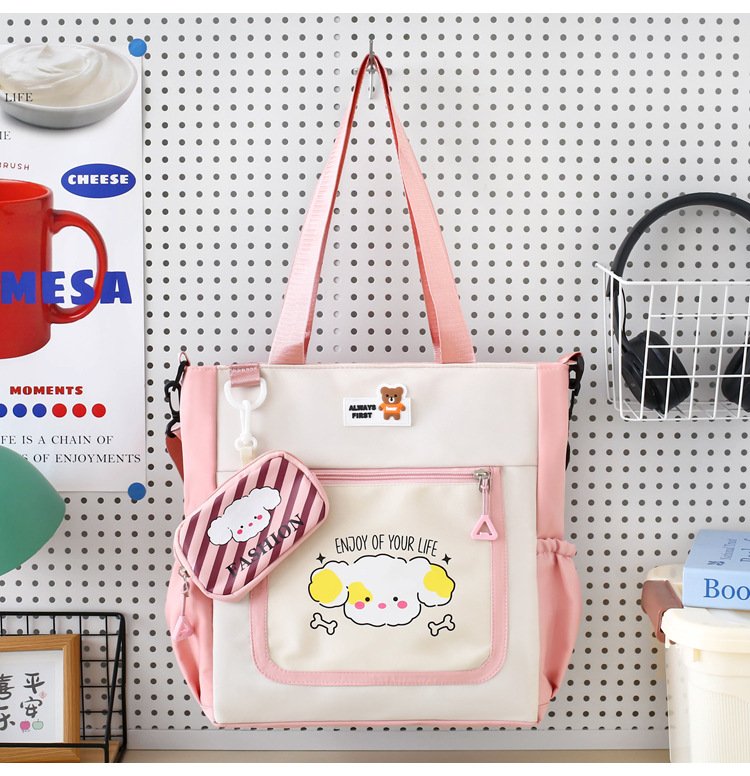 Cartoon Printed Nylon Tote Bag for Women & Girls – Waterproof Casual Shoulder Bag with Mini Pouch, Front Zipper & Side Pockets - Image 2