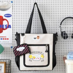 Cartoon Printed Nylon Tote Bag for Women & Girls – Waterproof Casual Shoulder Bag with Mini Pouch, Front Zipper & Side Pockets - Image 3