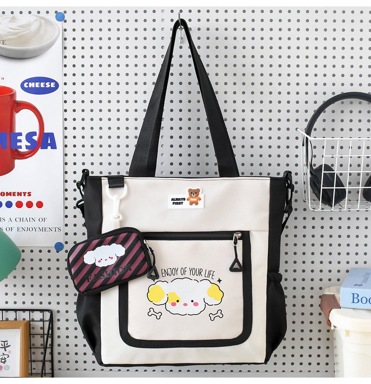 Cartoon Printed Nylon Tote Bag for Women & Girls – Waterproof Casual Shoulder Bag with Mini Pouch, Front Zipper & Side Pockets - Image 3