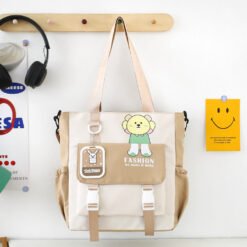 Multi-Pocket Nylon Waterproof Tote & Crossbody Bag with Cute Bear Design - Image 3