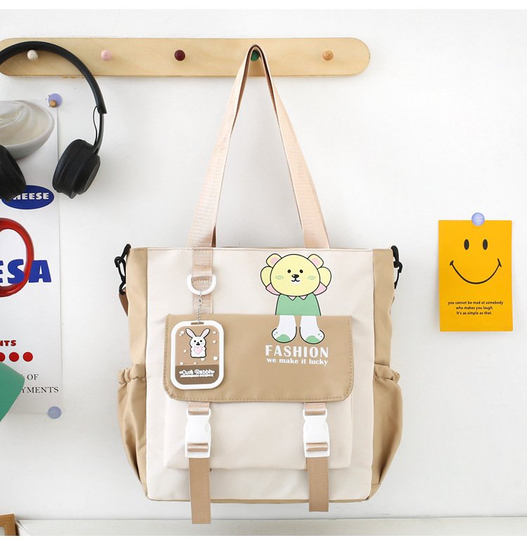 Multi-Pocket Nylon Waterproof Tote & Crossbody Bag with Cute Bear Design - Image 3