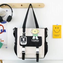 Multi-Pocket Nylon Waterproof Tote & Crossbody Bag with Cute Bear Design