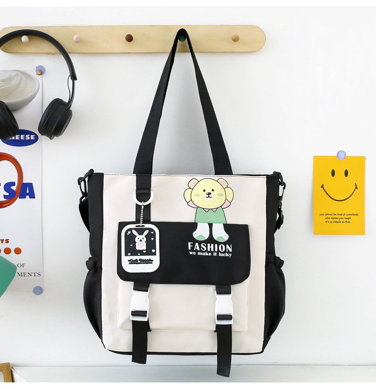 Multi-Pocket Nylon Waterproof Tote & Crossbody Bag with Cute Bear Design