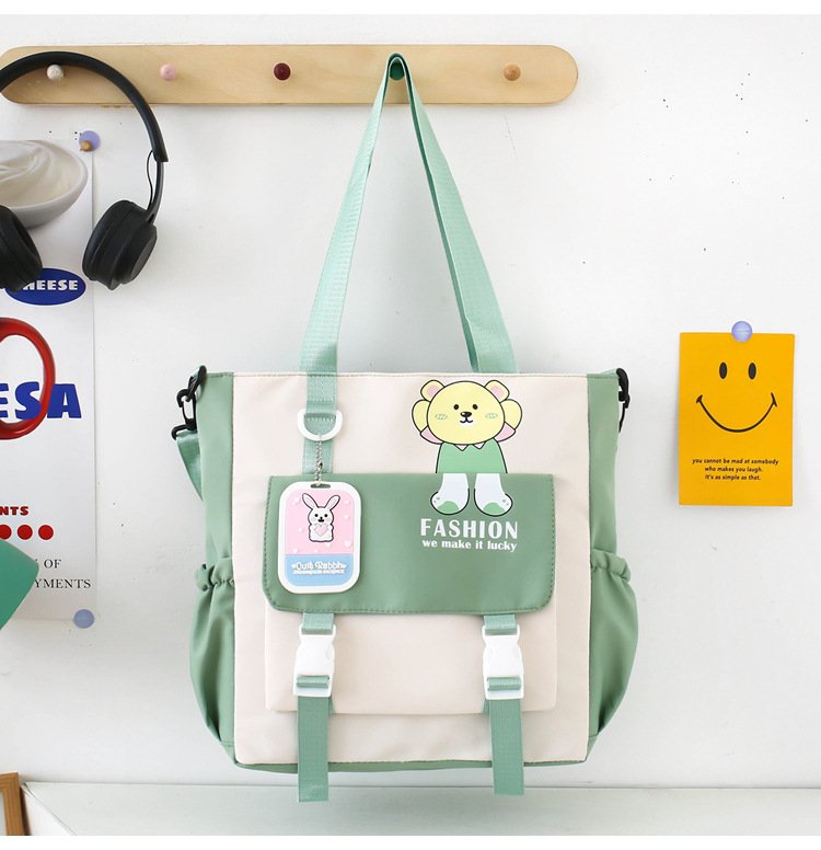 Multi-Pocket Nylon Waterproof Tote & Crossbody Bag with Cute Bear Design - Image 2